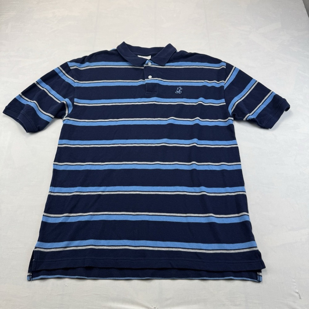 Y2K Disney World Mens M Navy Blue Striped Polo Shirt Mickey Logo